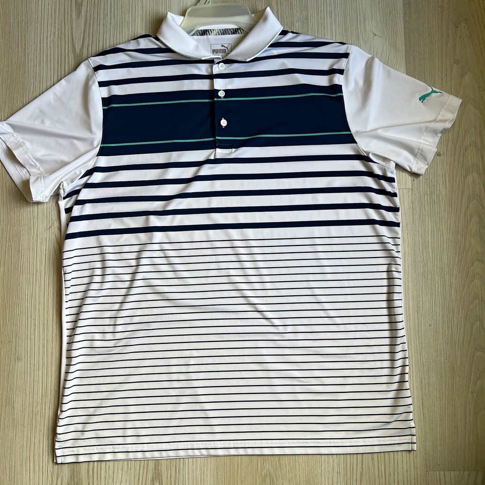 PUMA Polo Shirt Men's XL White/Blue Striped Short Sleeve Collared 3-Button